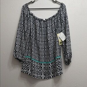 Tacera Navy blue and White Geometric Blouse New size large